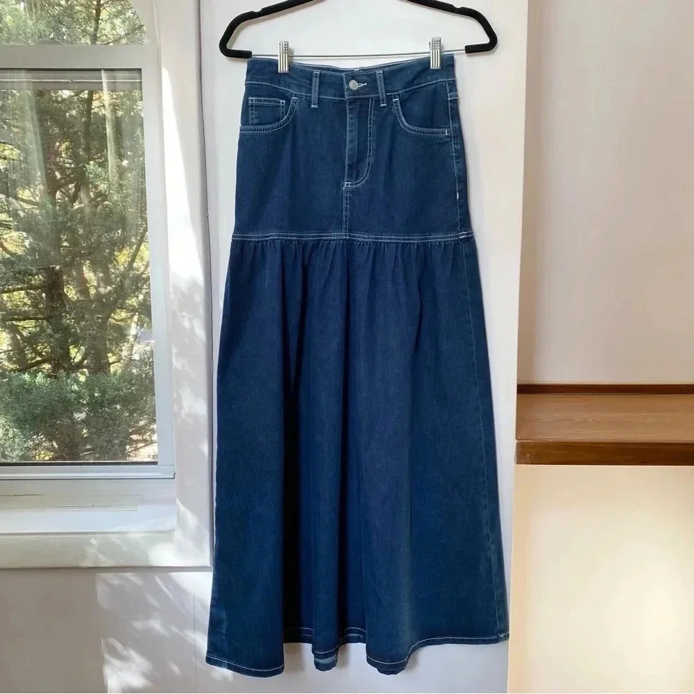 New Free People Jordan Denim Maxi Skirt Dark Wash Size 2